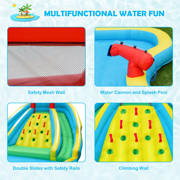 Château gonflable pour parc aquatique avec double toboggan et mur d'escalade avec souffleur de 735 W