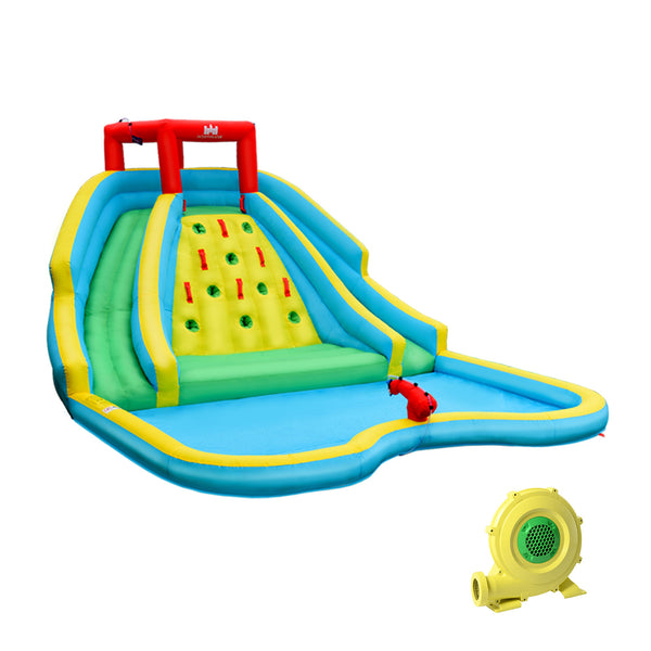 Château gonflable pour parc aquatique avec double toboggan et mur d'escalade avec souffleur de 735 W