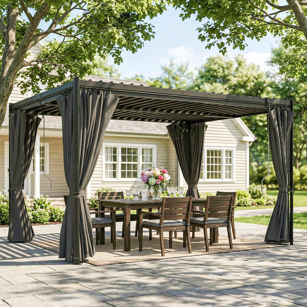 Pergola à lames orientables 10 x 13, toit en acier et rideaux,  gouttières de drainage, grise