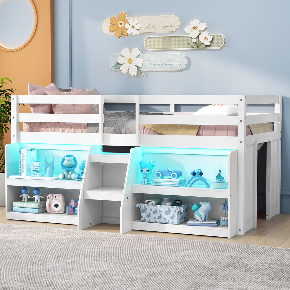 Loft bed with LED lights, staircase and safety railing - White