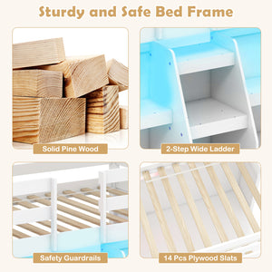 Loft bed with LED lights, staircase and safety railing - White