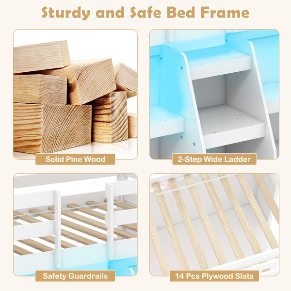 Loft bed with LED lights, staircase and safety railing - White