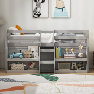 Loft bed with LED lights, staircase and safety railing - Grey