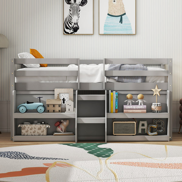 Loft bed with LED lights, staircase and safety railing - Grey