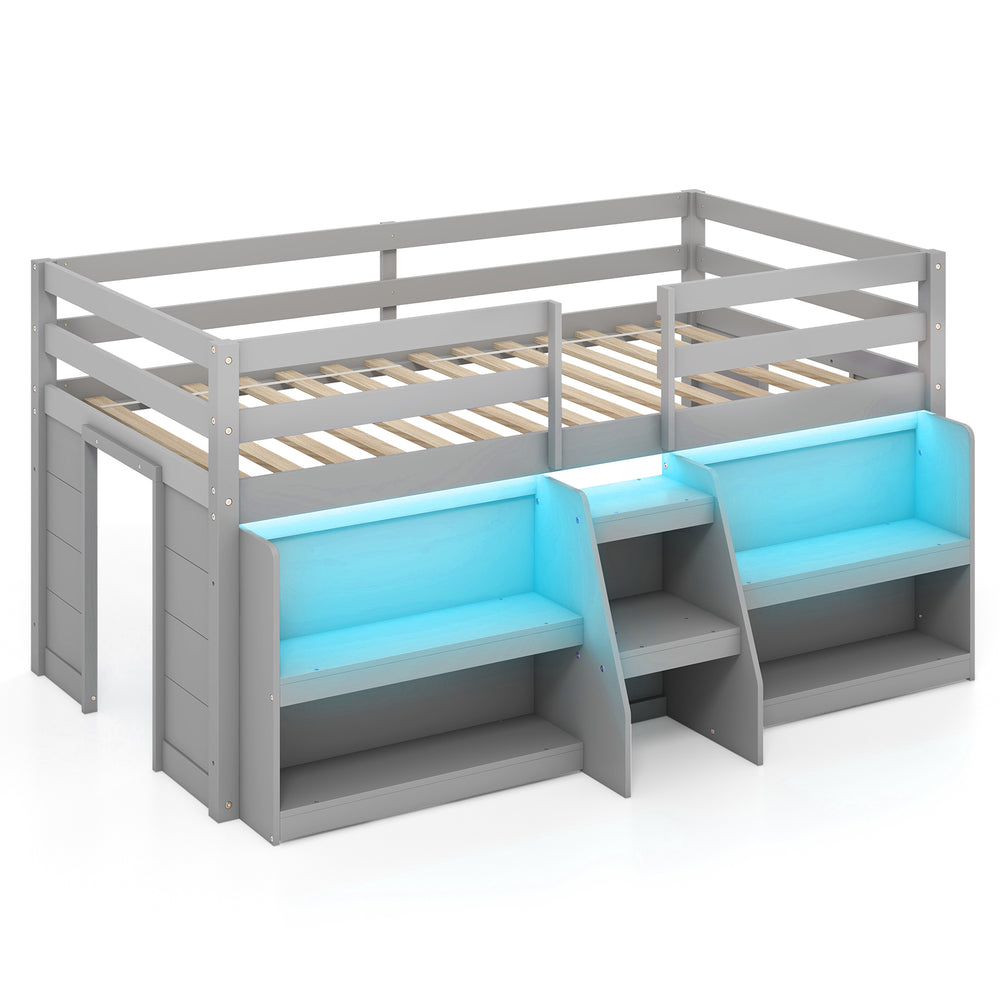 Loft bed with LED lights, staircase and safety railing - Grey
