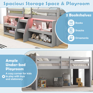 Loft bed with LED lights, staircase and safety railing - Grey