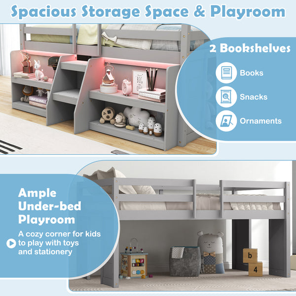 Loft bed with LED lights, staircase and safety railing - Grey