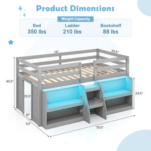 Loft bed with LED lights, staircase and safety railing - Grey