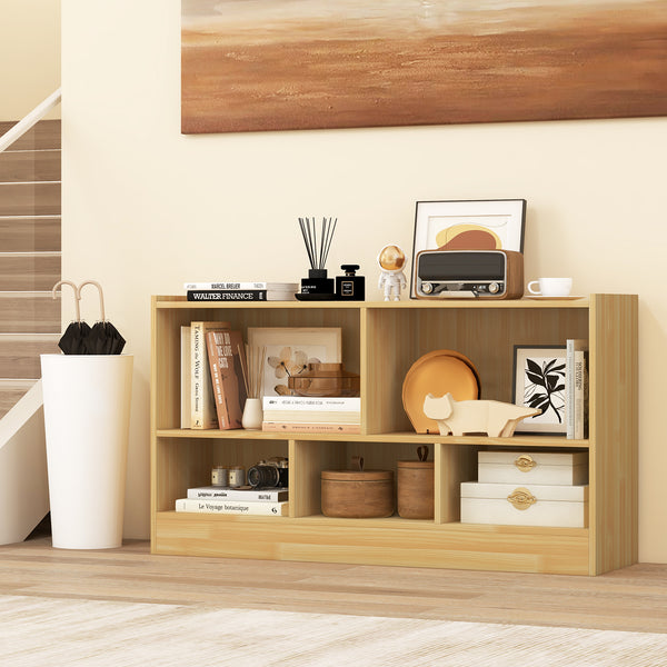 Children's bookcase with 2 shelves and 5 cubes, wooden toy storage