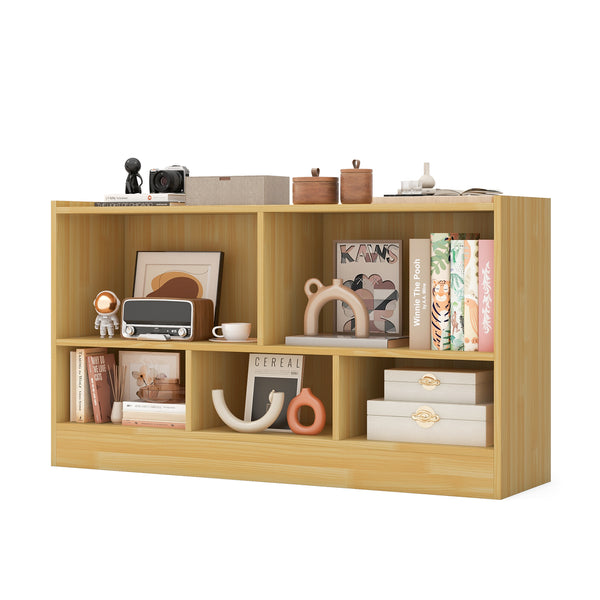 Children's bookcase with 2 shelves and 5 cubes, wooden toy storage