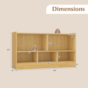 Children's bookcase with 2 shelves and 5 cubes, wooden toy storage