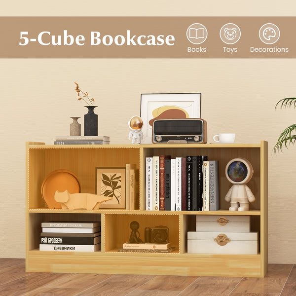 Children's bookcase with 2 shelves and 5 cubes, wooden toy storage