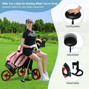 3-Wheel Folding Golf Trolley with Dashboard and Adjustable Handle - Red
