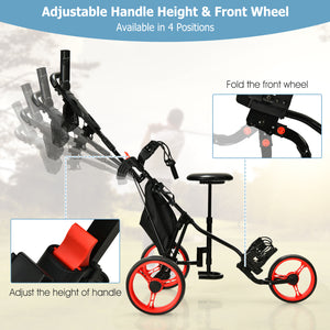 3-Wheel Folding Golf Trolley with Dashboard and Adjustable Handle - Red