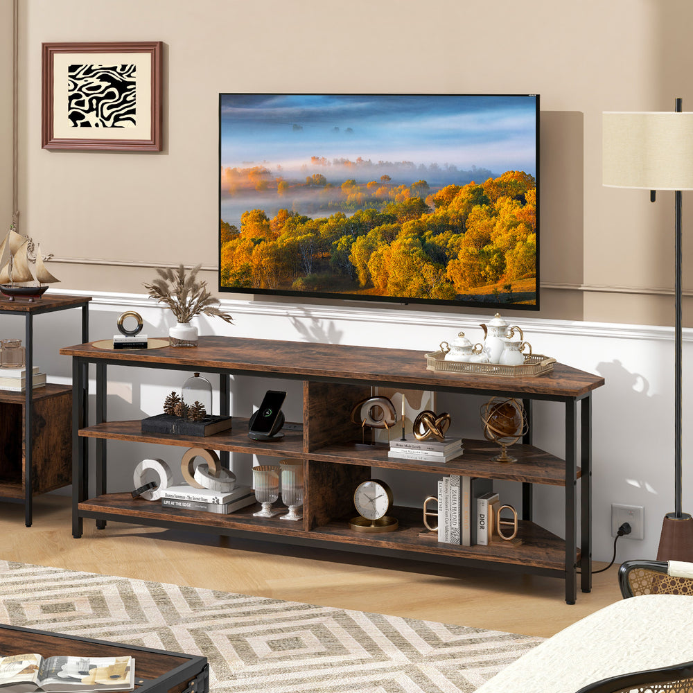 Meuble TV d'angle à 3 niveaux pour téléviseurs jusqu'à 65 pouces avec station de charge