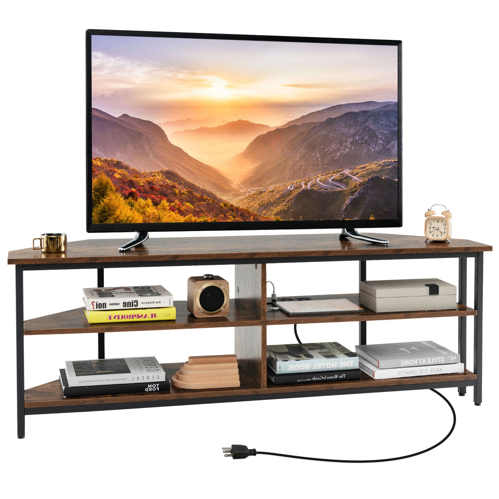 Meuble TV d'angle à 3 niveaux pour téléviseurs jusqu'à 65 pouces avec station de charge