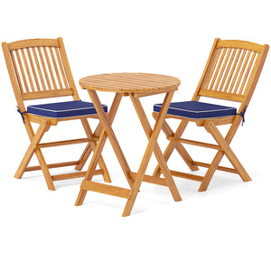 3-Piece Folding Acacia Wood Bistro Set with Soft Cushions - Navy Blue