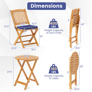 3-Piece Folding Acacia Wood Bistro Set with Soft Cushions - Navy Blue