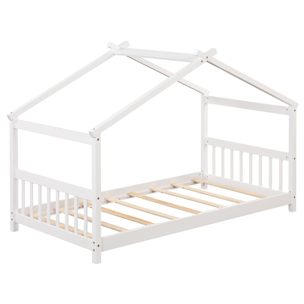 Twin wooden cabin bed with roof - White