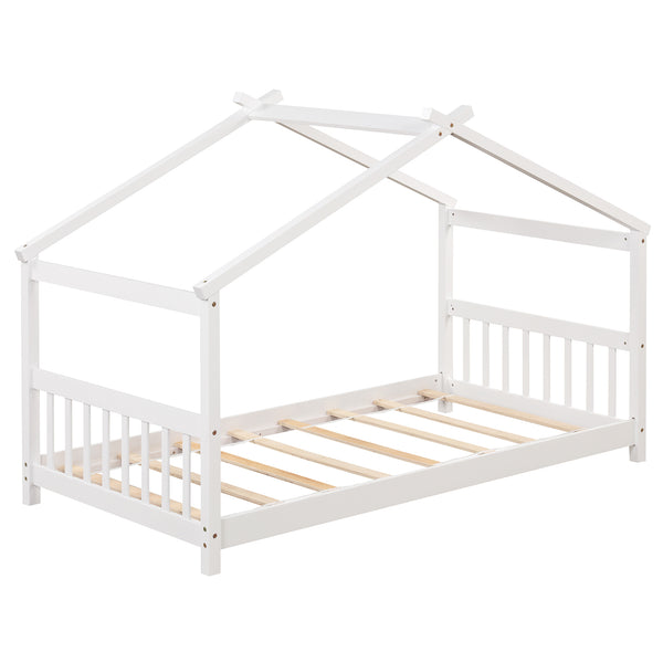 Twin wooden cabin bed with roof - White