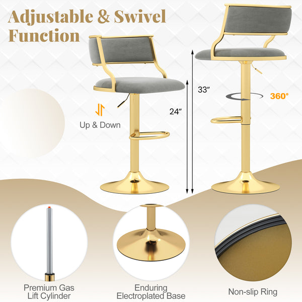 Lot de 2 tabourets de bar pivotants en velours hollandais  hauteur réglable  gris