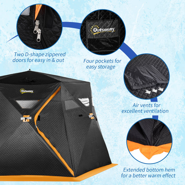 Insulated ice fishing shelter for 4 people, portable and foldable with carry bag and two doors, for temperatures down to -30°C, black