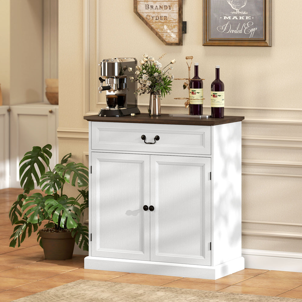 Buffet style ferme, plateau épais, tiroir silencieux et étagère réglable, finition bois blanc.