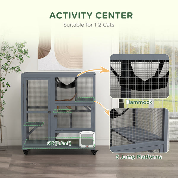 Wooden cat enclosure on wheels with cat flap, grey