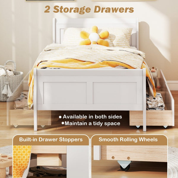 Lit simple avec 2 tiroirs de rangement, cadre de lit plateforme en bois