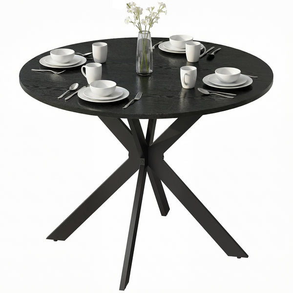 Table de salle à manger ronde contemporaine avec pieds en acier, aspect bois noir