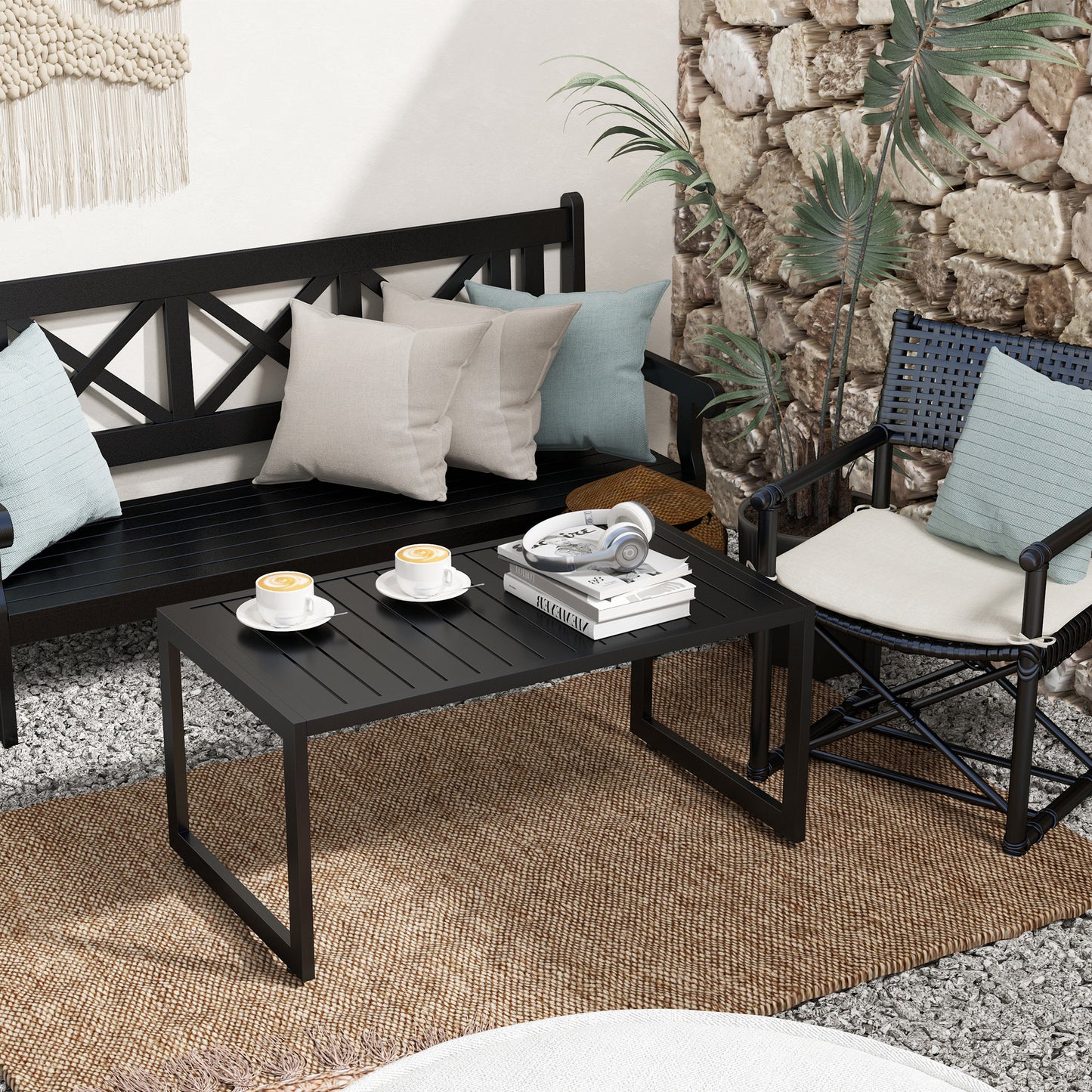Outsunny Outdoor Coffee Table, Patio Coffee Table with Slatted Top and Adjustable Legs for Garden, Patio and Lawn, Black
