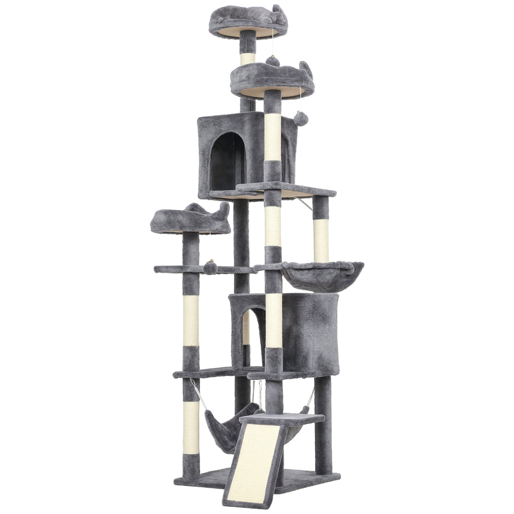 193cm Large Cat Tree for Indoor Cats with 8 Scratching Posts, 3 Soft Beds, 2 Hammocks, 2 Large Shelters and a Ramp, Dark Grey