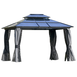 Gazebo 10 x 12 avec toit rigide en aluminium, double pente, rideaux et parois latérales en filet, noir et gris