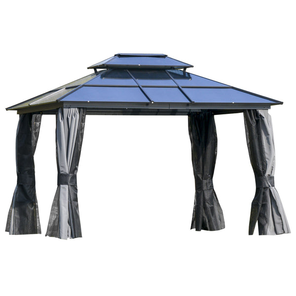 Gazebo 10 x 12 avec toit rigide en aluminium, double pente, rideaux et parois latérales en filet, noir et gris