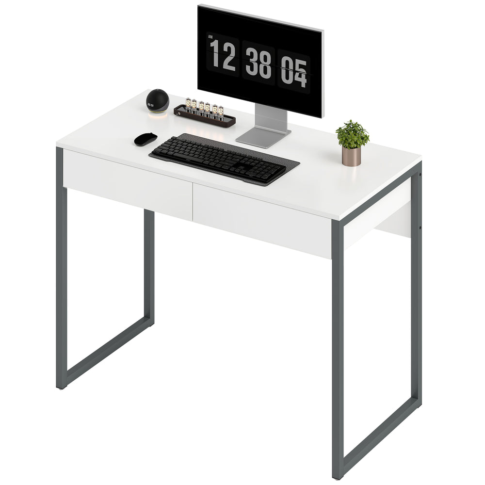 Bureau d'ordinateur brillant avec 2 tiroirs, pour petits espaces, blanc et gris