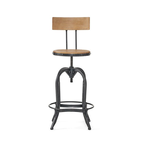 Tabouret de bar rustique en bois de sapin avec pieds en fer, repose-pieds pivotant, naturel