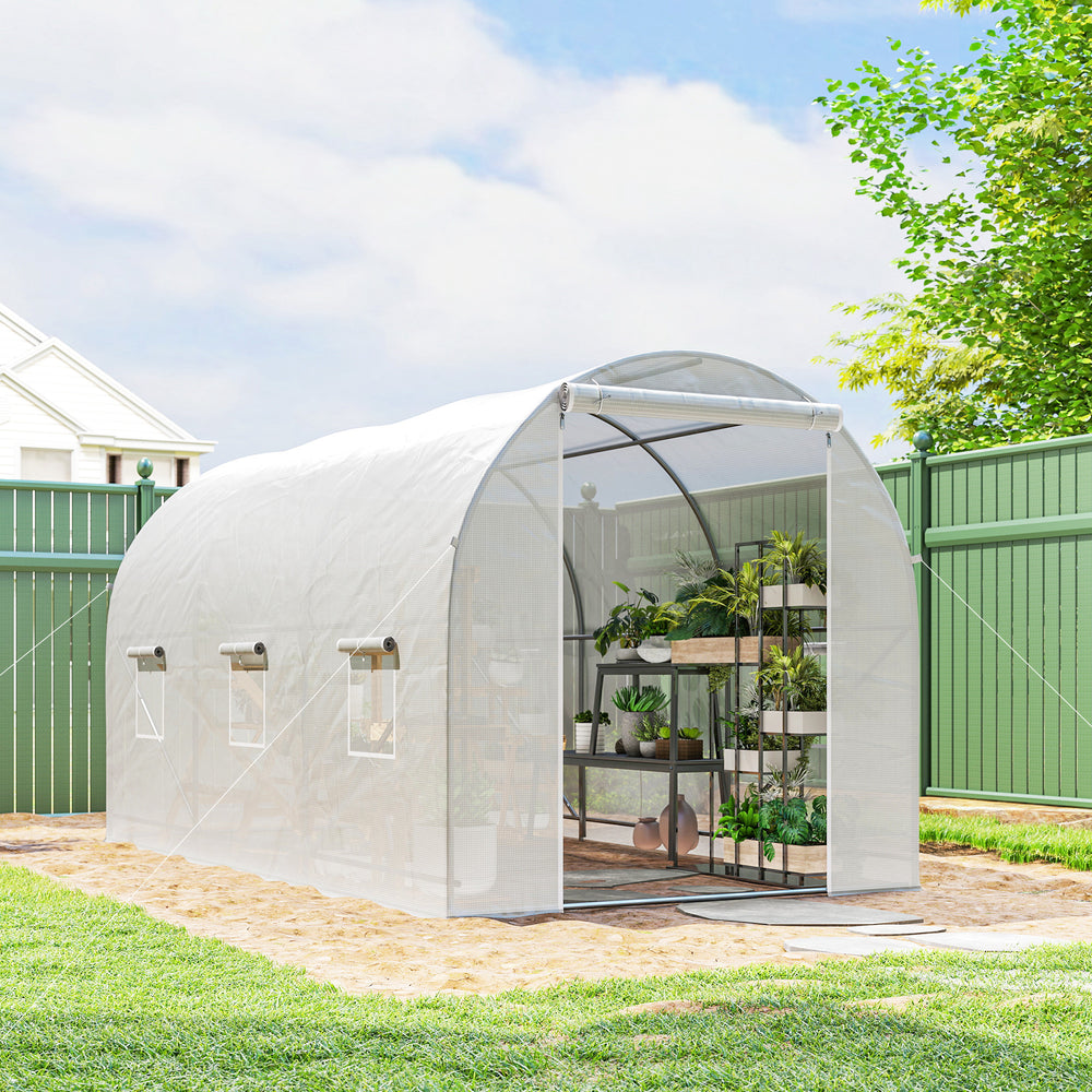 Portable tunnel greenhouse with door and ventilation window, white
