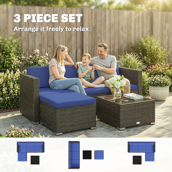 Ensemble de mobilier de patio 3 pièces avec coussins, en rotin PE tressé avec table basse en verre