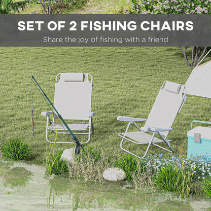 Lot de 2 chaises de plage, chaises de camping avec dossier et appui-tête réglables, gris clair