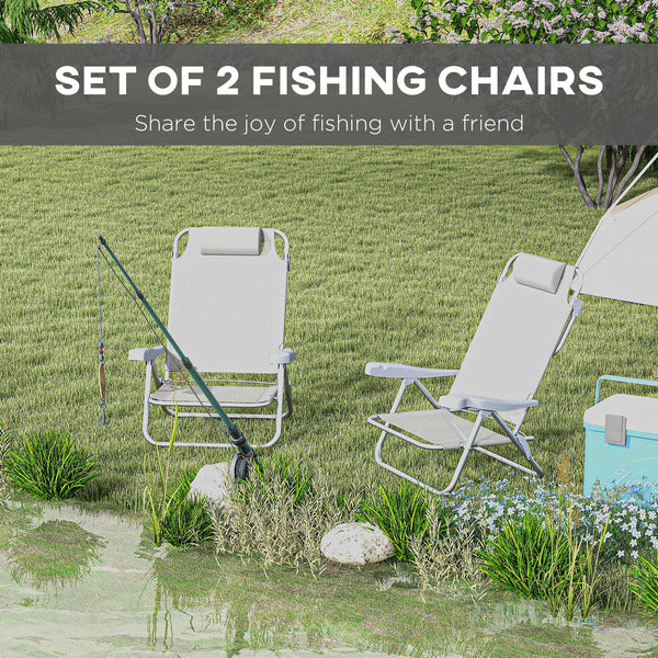 Lot de 2 chaises de plage, chaises de camping avec dossier et appui-tête réglables, gris clair