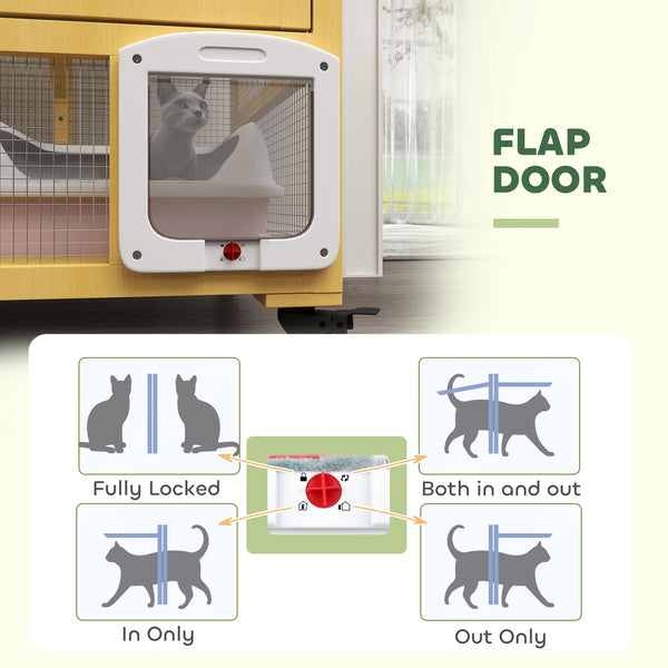 Wooden cat enclosure on wheels with cat flap, beige