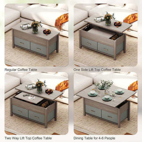 Table basse relevable et extensible avec prises électriques, ports USB et 5 espaces de rangement – Gris foncé
