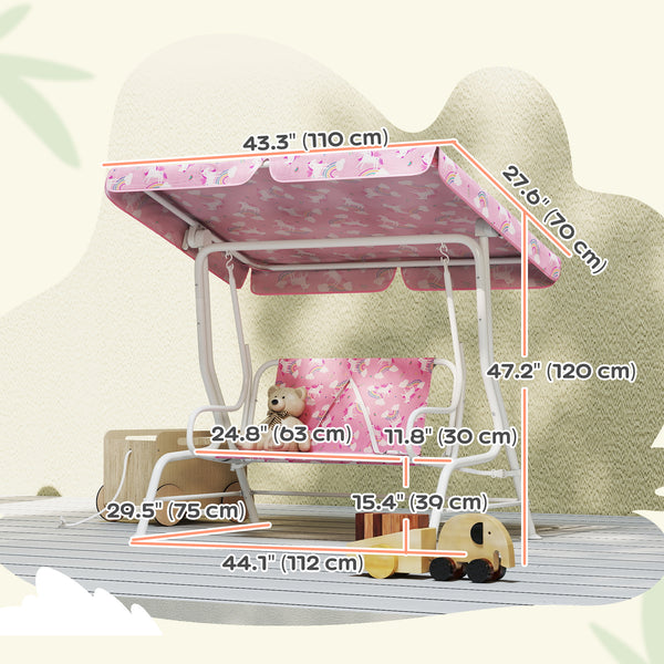 Qaba Kids Porch Swing, 2-Seater Patio Swing Bench with Safety Belts, Adjustable Canopy for Backyard, Garden, Pink