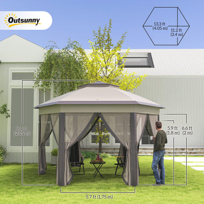 Gazebo pliant 13' x 13' avec filet et sac de transport, hexagonales, café et beige