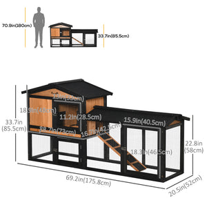 Wooden hutch with run, a playpen, a pull-out tray and a ramp