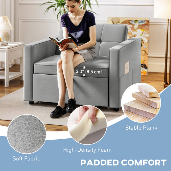 Fauteuil convertible en lit avec port USB, dossier réglable, en velours, gris