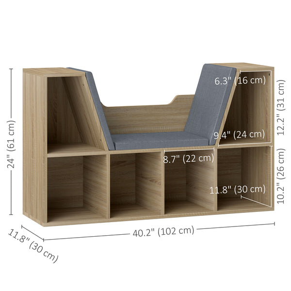 Bibliothèque à 6 compartiments avec coussin pour coin de lecture, bureau, chêne