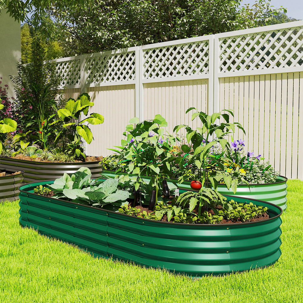 Galvanized raised outdoor planter with metal stake, green