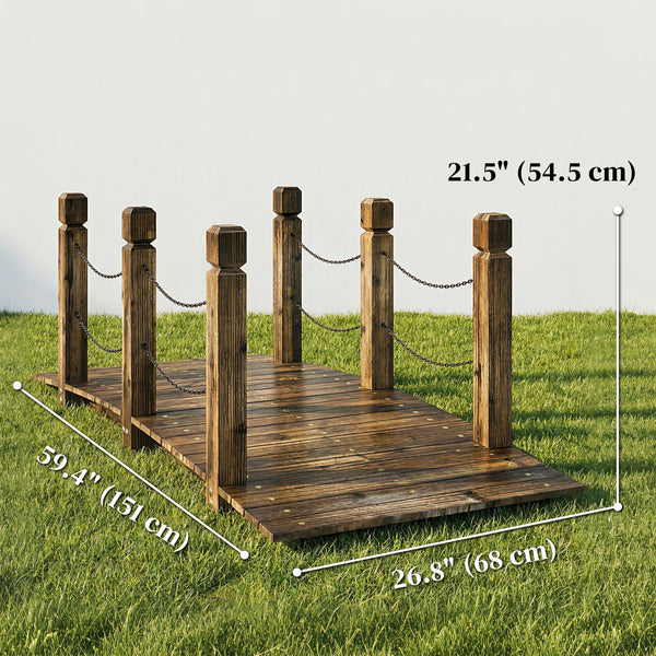Decorative carbonized wooden bridge with chain railings for garden path, 1.5 m (5 ft)