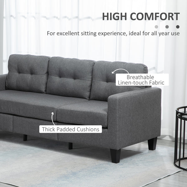 Canapé 3 places avec pouf, coussin épais et pieds en bois, gris foncé